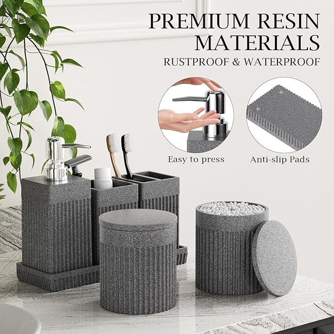 InnJoey 6-Piece Bathroom Set Grey - Stone Textured Resin Bathroom Organizer with Soap Dispenser, Toothbrush Holder, Vanity Tray, Tumbler & Cotton Swab Jars for Small Spaces