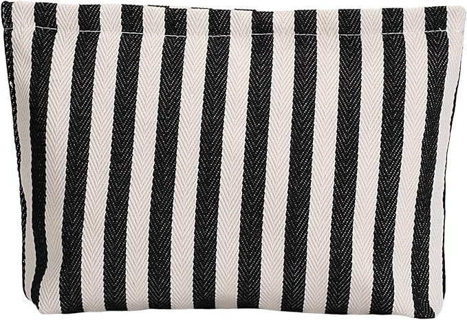 RIKMOXR Large Black White Stripe Makeup Bag - Canvas Lined Cosmetic Toiletry Travel Pouch | Purse Organizer for Women & Girls