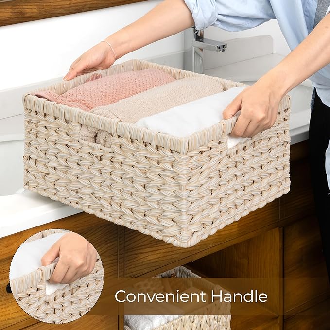 GRANNY SAYS Basket for Organizing, Wicker Storage Baskets for Shelves, Woven Baskets for Storage, Waterproof Shelf Baskets for Living Room, Rectangular Woven Basket with Handles, 1-Pack