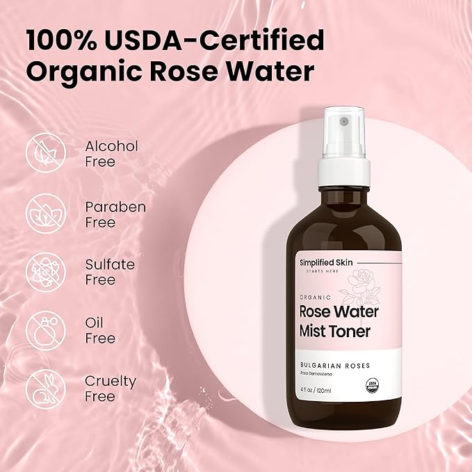 Organic Rose Water Spray for Face & Hair – Pure Rosewater Toner – Refreshing Mist for Skin Care, Makeup & Locs – Natural Rose Scent, 4 Oz (2 Pack)