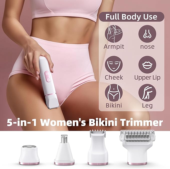 5-in-1 Bikini Trimmer for Women: IPX7 Waterproof Electric Razor Shaver for Silk Skin, Easy Cleaning, 5 Head, Rechargeable Body Hair Removal, LED Display, Ceramic Blade, Gifts for Her