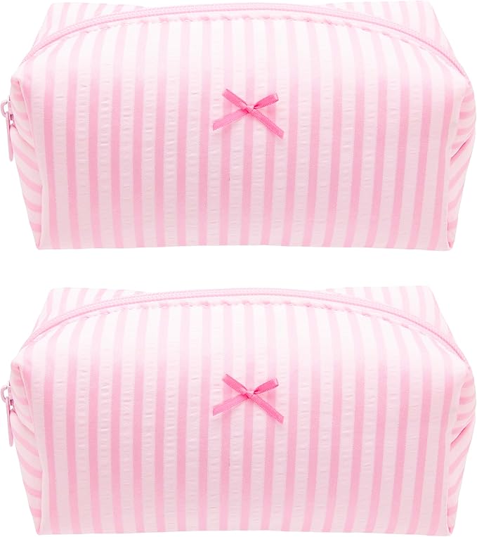 Cozy Makeup Bag for Women,Zipper Cosmetic Pouch,Stripe Cute Pink,2 Pack