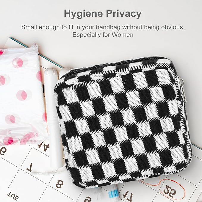 CekPo Sanitary Napkin Storage Bag, Menstrual Pad Zipper Checkered Portable Period Bag Panty Liners, Tampon Storage Pouch for Women Ladies Daily Use Storage Purse Travel