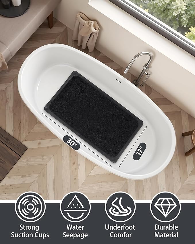 Mecko Non Slip Shower Mats,17x30 Inch,Anti-Slip Bathtub Mats with Suction Cups for Bathroom, Foot Scrubber Loofah Bath Mats for Shower, Quick Drying Shower Stall Mats for Wet Areas (Black)