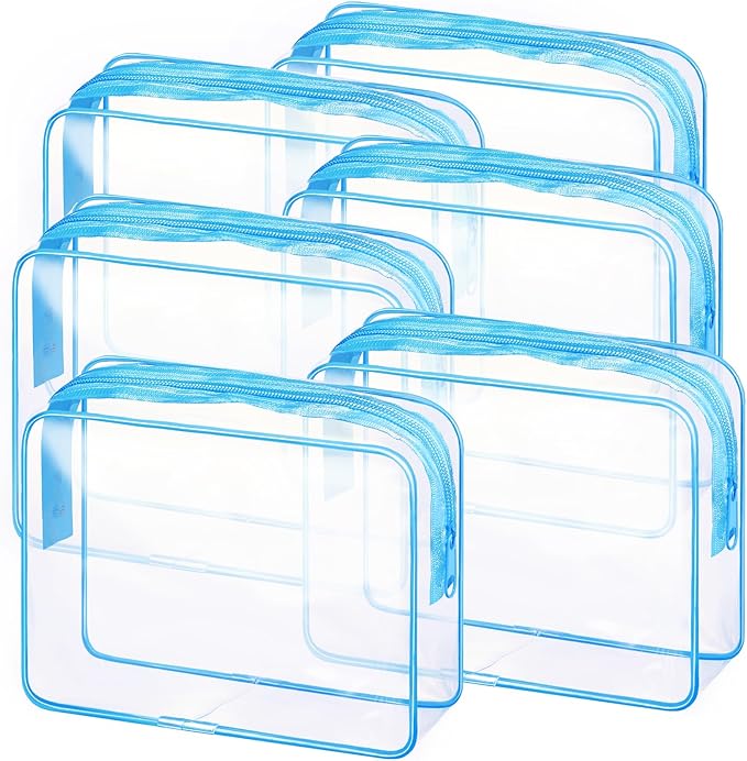 CHICAUP 6 Pieces Clear Makeup Bags Bulk TSA Approved Toiletry Bag for Travel PVC Waterproof Clear Cosmetic Pouch with Zipper for Men and Women Carry-on Travel Essentials (Blue)