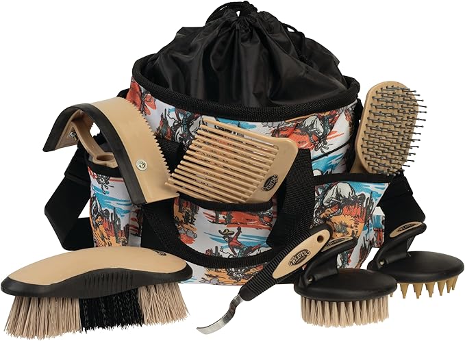 Weaver Equine Horse Grooming Kit, 7-Piece Horse Brush Set with Organizer Tote Bag, Hoof Pick, Comb, Sweat Scraper, Equine Tools for Daily Grooming, Bucking Bronc