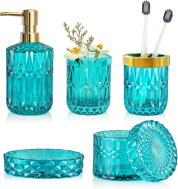 LaMarriti Teal Blue Bathroom Accessories Set, 5Pcs Clear Glass Bathroom Set, Hand Soap Dispenser Set, Soap Dish, Toothbrush Holder, Tumbler, Q-Tips Holder for Crystal Vantage Bathroom Decor