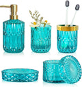 LaMarriti Teal Blue Bathroom Accessories Set, 5Pcs Clear Glass Bathroom Set, Hand Soap Dispenser Set, Soap Dish, Toothbrush Holder, Tumbler, Q-Tips Holder for Crystal Vantage Bathroom Decor