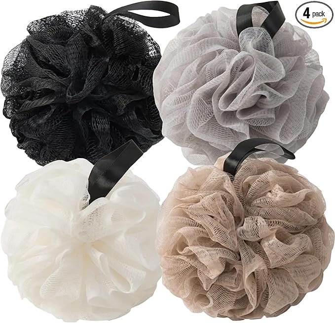 Loofah Sponges for Shower,Exfoliating Cleaning Bath Loofa Body Scrubber Balls for Women Men Washing,Neutral Tone 4 Pack - Black, Gray, Beige & Khaki