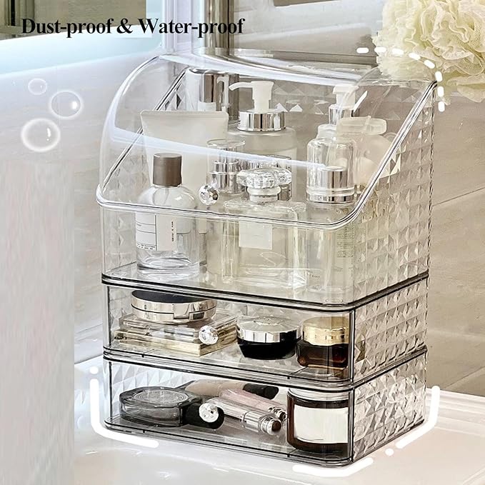 MIATTCLD Stackable Clear Makeup Organizer Cosmetic Storage Box, Makeup Display Cases Skincare Organizer, Plastic Makeup Holder for Vanity, Bathroom, Cabinet, Desk Countertop (B)