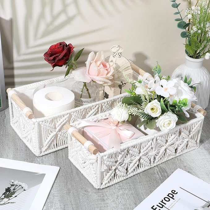 Macrame Storage Baskets 2PCS, Boho Woven Decorative Basket for Organizing with Handle, Countertop Toilet Paper Storage Container for Tank Bedroom Nursery Livingroom Entryway(White)