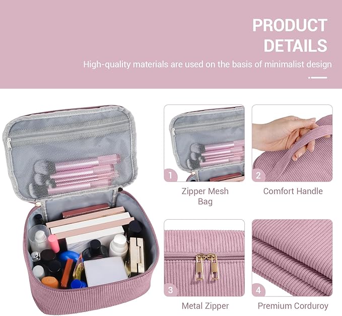 MAGEFY Makeup Bag, 3 Pcs Cosmetics Bag Large Capacity with Handle Make Up Bag for purse Corduroy Bag Pouch for Purse Travel Makeup Organizer Bag-Pink