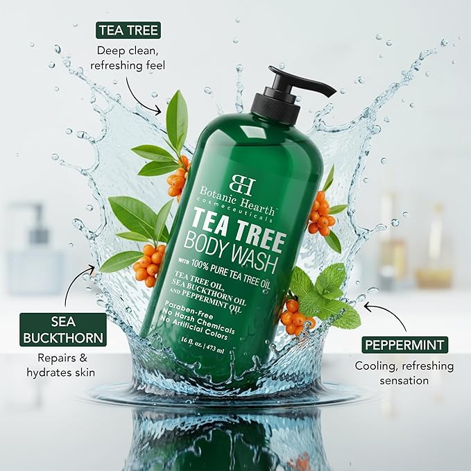 Botanic Hearth Tea Tree Body Wash -16 fl oz- All-Natural Antifungal & Odor-Control Shower Gel for Acne, Athlete’s Foot, Ringworm, Jock Itch & Healthy Skin,Sulfate & Paraben Free, for Men and Women