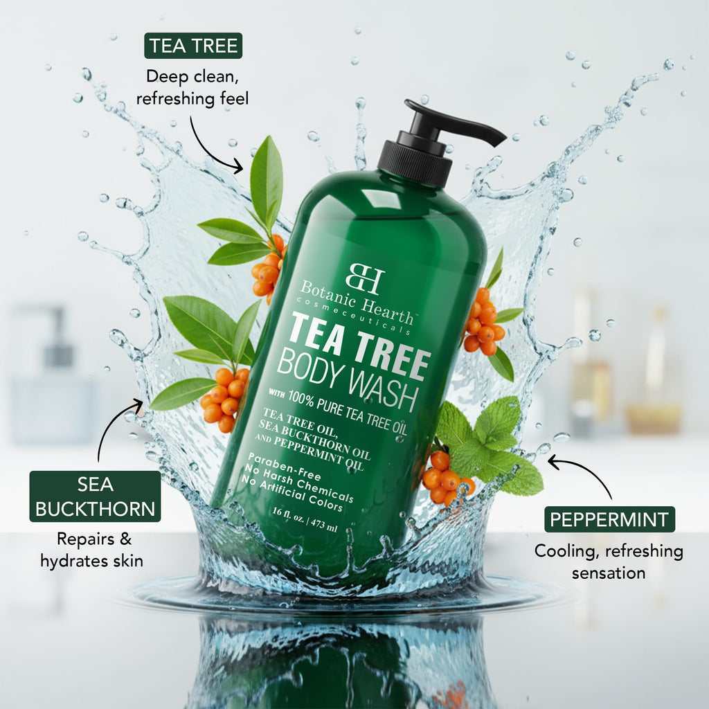 Botanic Hearth Tea Tree Body Wash, 16 Fl Oz (473 ml) | Enriched With Tea Tree Oil, Peppermint & Sea Buckthorn | Gently Cleanses, Refreshes & Nourishes Skin | Sulfate & Paraben Free | For Men & Women