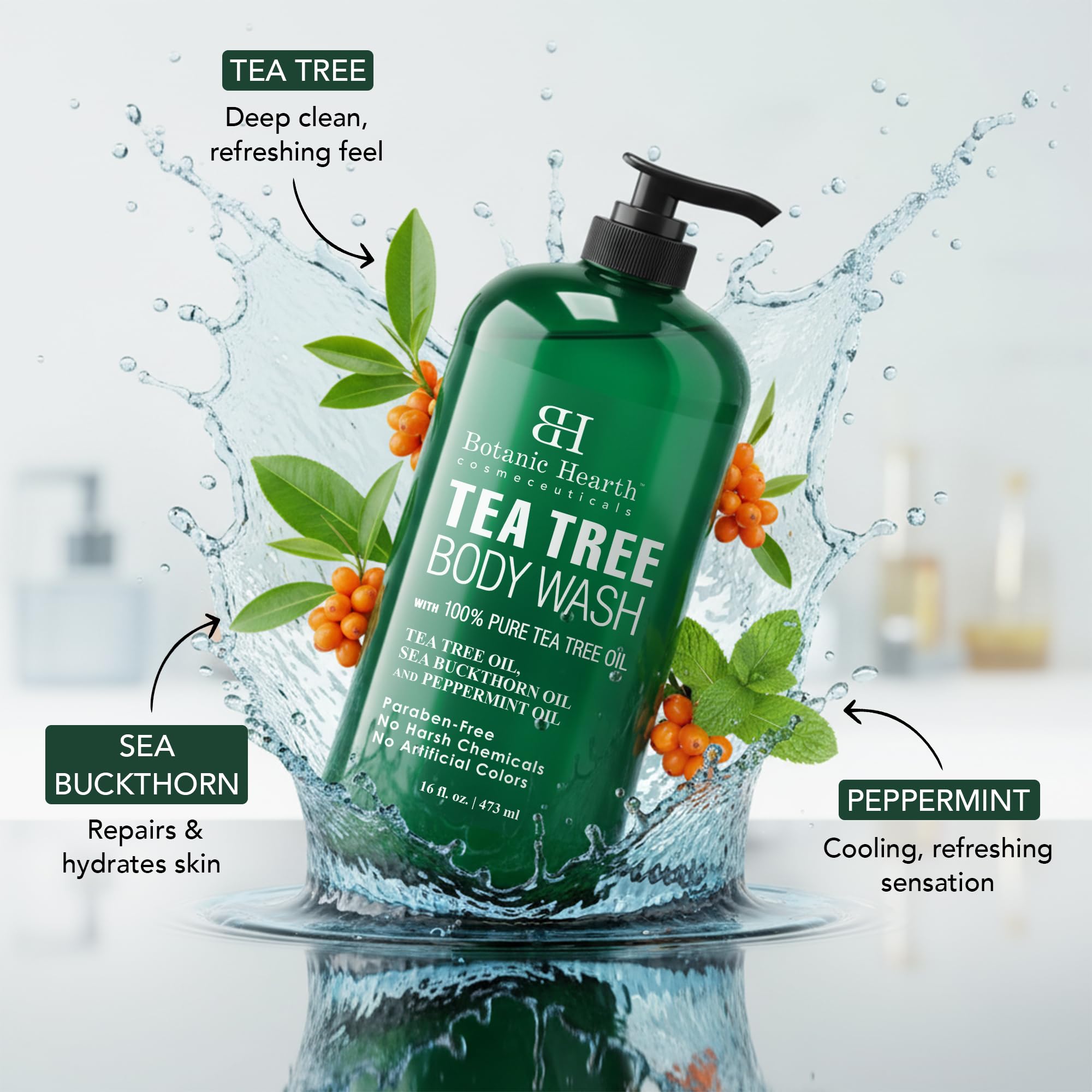 Botanic Hearth Tea Tree Body Wash, 16 Fl Oz (473 ml) | Enriched With Tea Tree Oil, Peppermint & Sea Buckthorn | Gently Cleanses, Refreshes & Nourishes Skin | Sulfate & Paraben Free | For Men & Women
