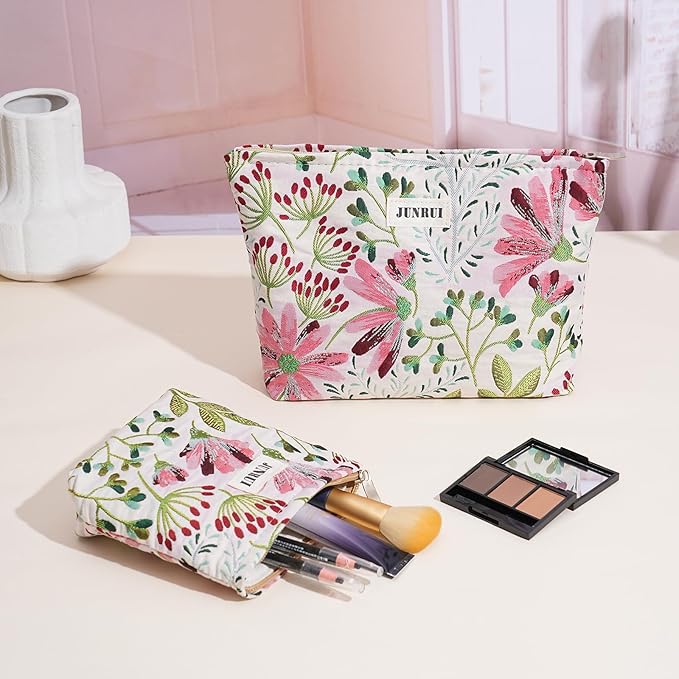BOCGRPU Makeup Bag Small Cute Cosmetic Bags for Women，Floral Travel Toiletry Bag for Purse, Large Canvas Cosmetic Pouch Makeup Organizer Tool Pouch with Zipper（2Pcs Colorful Plant）