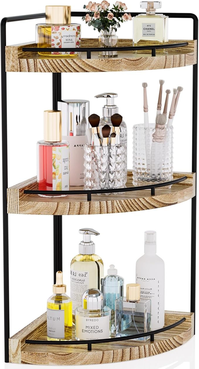 CeleVista Corner Bathroom Counter Organizer, 3 Tier Bathroom Storage Countertop for Skincare, Sink Shelf for Kitchen Decor, Vanity, Dresser, Makeup, Gift(Rustic Brown)