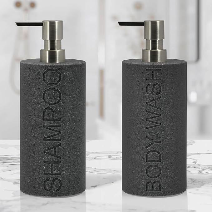 Indecor Home Resin 2 Pack Shampoo, Conditioner or Body Wash Dispenser Set, Luxurious Refillable Pump Bottles with Matte Pump Top and Embossed Text, Durable Design for Bathroom and Shower