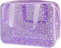 TotePrint Clear Star Large Cosmetic Bag and Travel Pouch with Handle,Durable Material,Zipper Design-Ideal for Makeup,Travel Essentials (Purple+Shiny Star)