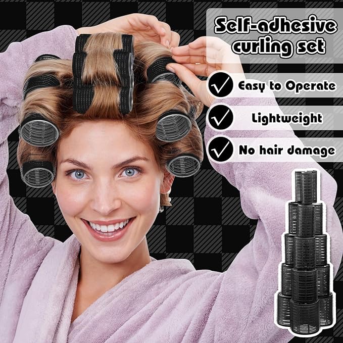 64 Pcs Self Grip Hair Rollers Set, 5 Sizes Rollers Hair Curlers with Clips Comb for Long Short Hair (60 48 40 32 20mm), Black