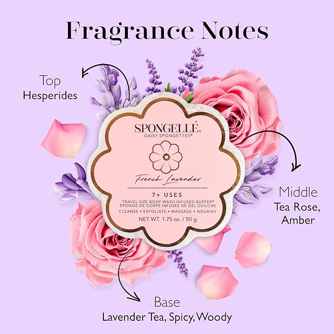 Spongellé French Lavender Daisy Spongette Bath Sponge | Built-in Body Wash & Body Scrubber, Shower Loofah Sponge for Women, Travel Essentials | 7+ uses