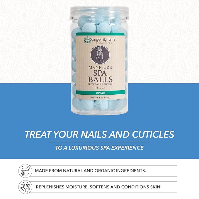 Ginger Lily Farms Botanicals Manicure Spa Balls Ocean, Manicure Soak Balls Replenishes Moisture, Softens and Conditions Skin, 8 Ounces, 80-Count