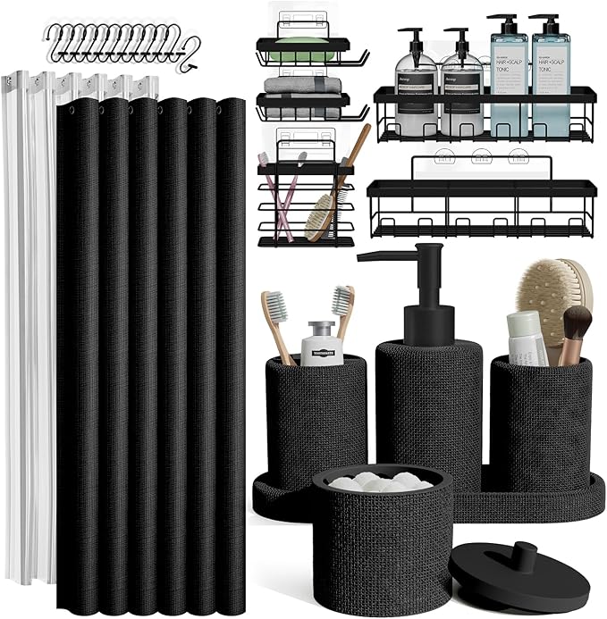 Clara Clark Bathroom Set - Coal Black Bathroom Accessories Set, 19PC Bathroom Accessory Set, Bathroom Sets with Shower Curtain Set, Soap Dispenser & Toothbrush Holder