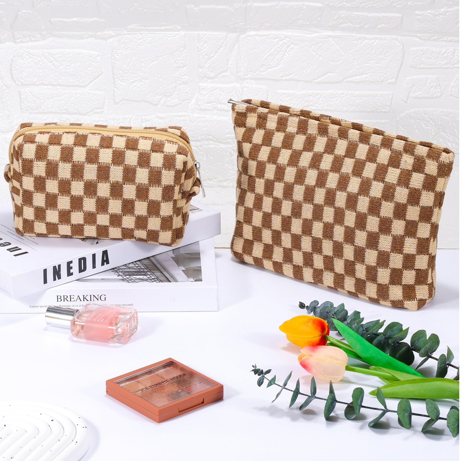 ZLFSRQ 2Pcs Checkered Makeup Bag for Women Large Small Checkered Cosmetic Bag Set Aesthetic Preppy Pencil Case Cute Pencil Pouch Brown Makeup Pouch for Purse Travel Toiletry Bags Zipper Skincare Bags
