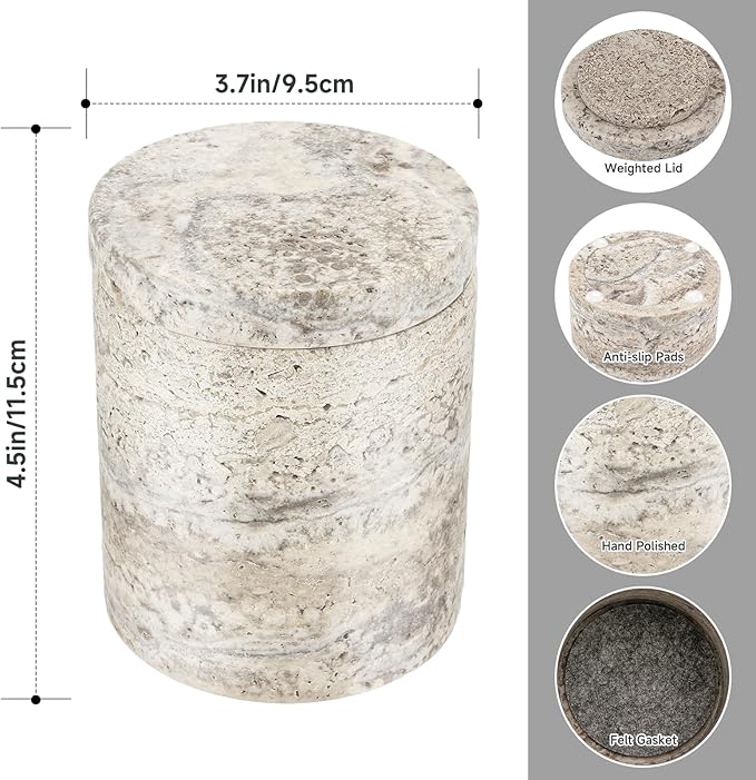 N NANSHOP Natural Marble Canister, Cotton Swab Holder with Lid, High Capacity Bathroom Qtip Holder Storage for Cotton Swab, Floss Picks, Makeup Pad, Bath Salt, Gray Travertine(NS017)