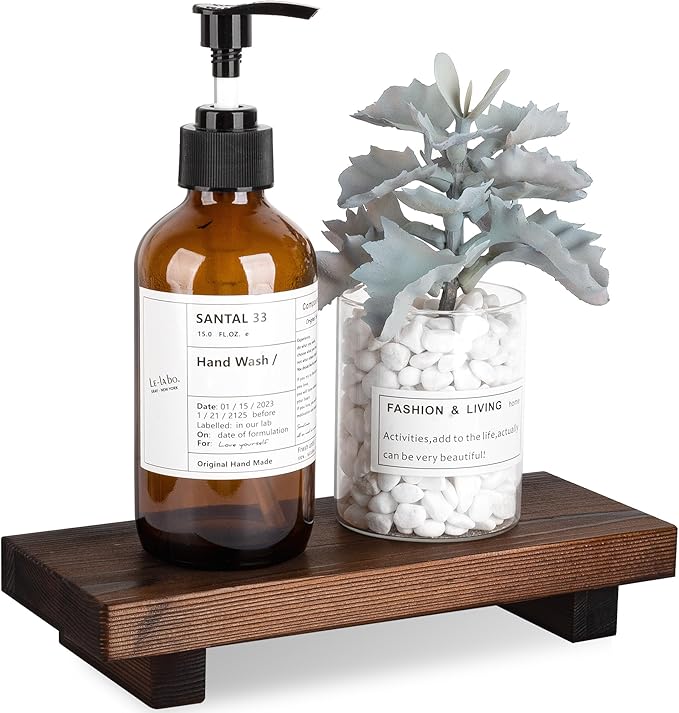 Bathroom Counter Organizer Wood Pedestal Stand Farmhouse Decorative Tray Soap Holder for Kitchen Decor, Small, Dark Brown