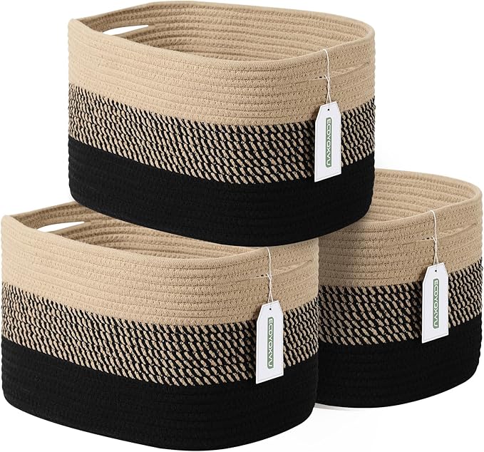 Cotton Rope Storage Basket, 15x10x9 Inches, Woven Basket for Shelves, Clothes, Towels, Books, and Laundry, Gradient Black/Brown (3 Pack)