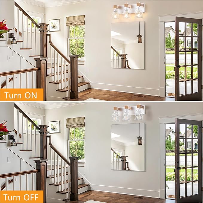 FadimiKoo 3-Light Farmhouse White Bathroom Vanity Light Fixtures, Rustic Wood Vanity Lights for Bathroom, Modern Bath Sconces Wall Lighting with Elegant Metal Shade for Mirror, Living Room, Bedroom