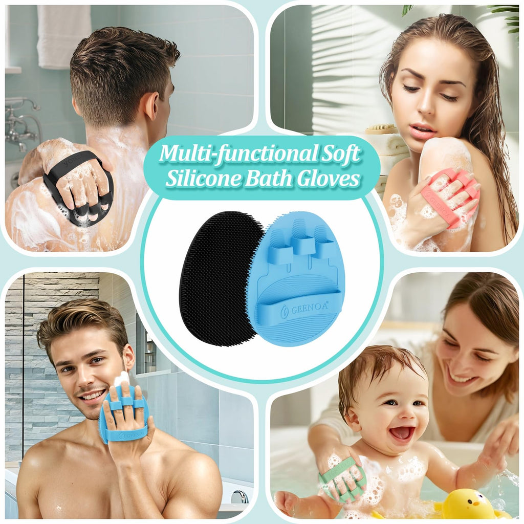 GEENOA New Silicone Bath Glove with Straps, 360° Anti-Slip & Enlarged Exfoliating Body Scrubber for Rich Foaming Deep Cleaning, No-Grip & Hand-fit Shower Scrubber for All Skin Types(Black+Blue)