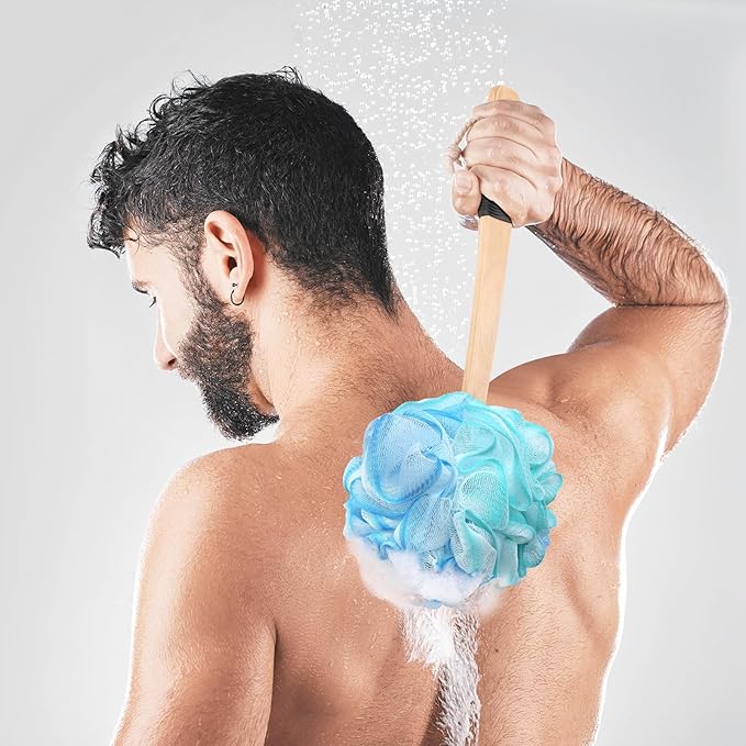 FORENEE Blue, Green and White Loofah on a Stick, PE Mesh Back Scrubber