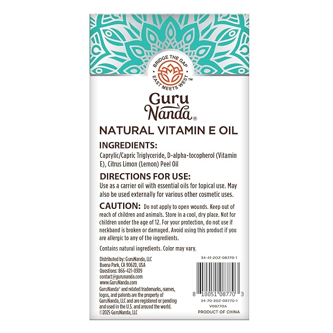 GuruNanda Pure & Natural Vitamin E Oil for Skin, Face, & Nails, 5,000 IU with D-Alpha Tocopherol & MCT Oil to Help Enhance Absorption, Non-GMO & Vegan, 2 FlOz