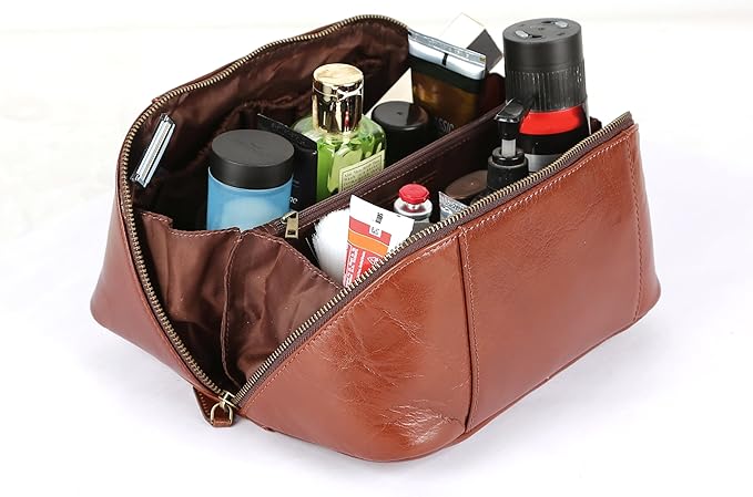 KomalC Luxury Leather Men’s Toiletry Travel Bag – Handmade Shaving Kit with Waterproof Interior, Spacious Storage & Carry Handle – leather travel Kit Bag for Men & Women (Wine)