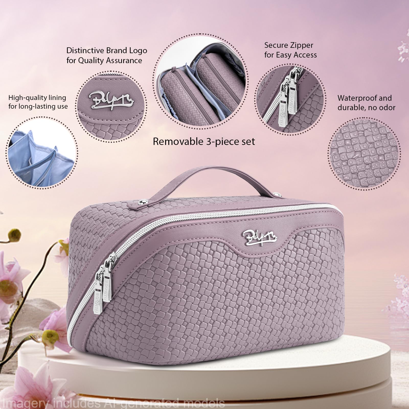 BOYATU Travel Makeup Bag Cosmetic Bags for Women: Large Capacity 3 Pcs Set Make up Bag with Compartments - Waterproof Vegan Leather Toiletry Organizer Bags with Handle (L55Light Purple)