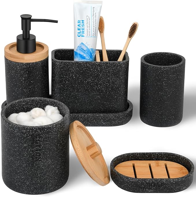 Bathroom Accessories Set Black, 6Pcs Bathroom Accessory Set, Large-Sized Toothbrush Holders Set Black, Soap Dispenser, Vanity Tray, Bathroom Tumbler, Apothecary Jars and a Soap Dish
