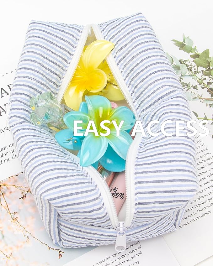 Cozy Makeup Bag for Women,Zipper Cosmetic Pouch,Stripe Blue Mix,2 Pack