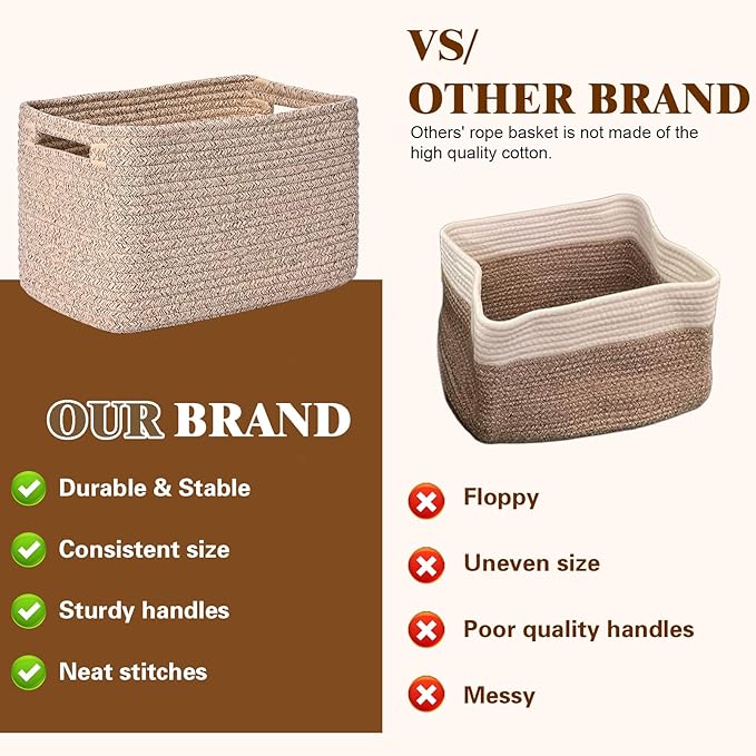 Storage Baskets for Organizing, 4 Pack Baskets for Shelves, Decorative Storage Bins for Shelves, Cotton Rope Storage Basket with Handles, Woven Basket for Storage, 13''Lx8.7''Wx7.9''H, Brown