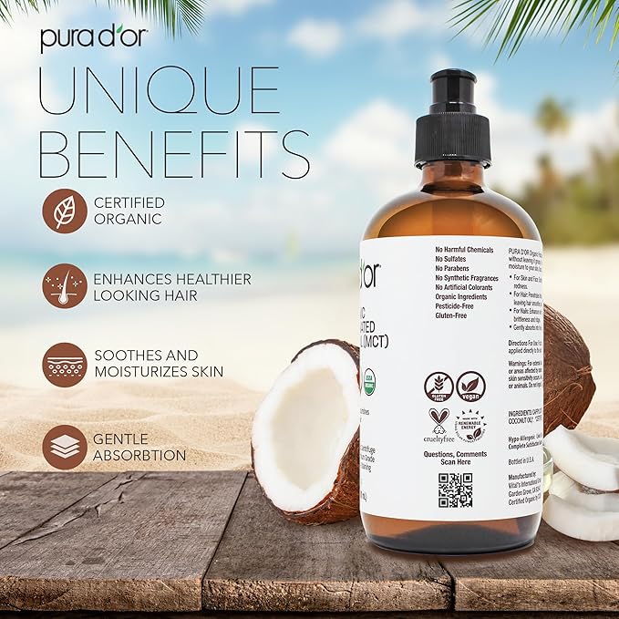PURA D'OR ORGANIC Fractionated Coconut Oil MCT Oil (16.9 Oz GLASS BOTTLE) 100% Pure & Natural