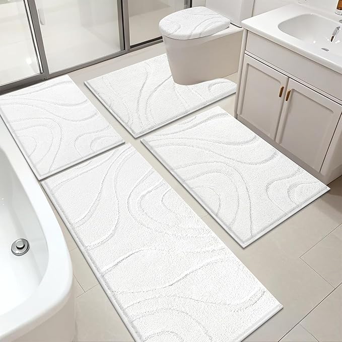 HEBE Bathroom Rugs Sets 5 Piece, Soft Absorbent Microfiber Bath Mat for Bathroom, Non Slip Washable Bath Rug Set with Toilet Cover, Bath Runner and U-Shaped Contour Toilet Rug, White