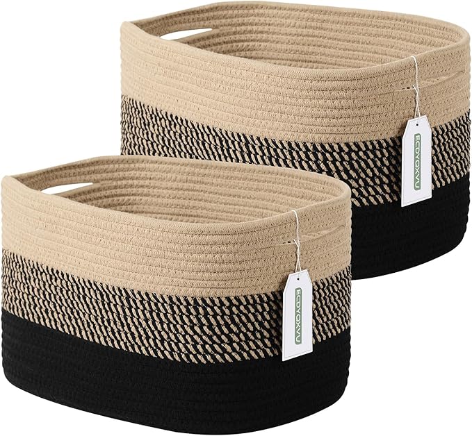 Cotton Rope Storage Basket, 15x10x9 Inches, Woven Basket for Shelves, Clothes, Towels, Books, and Laundry, Gradient Black/Brown (2 Pack)