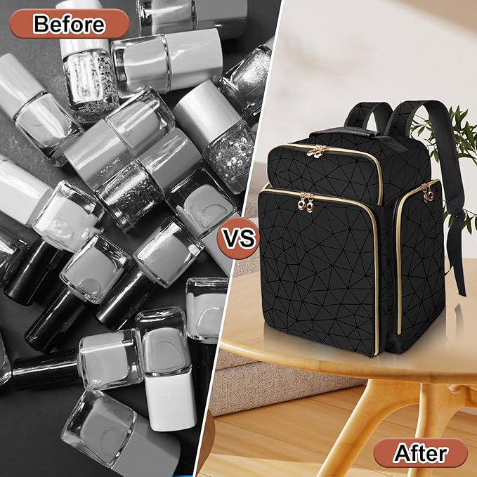 ahzske Nail Polish Organizer Backpack Holds 126 Bottles& Nail Lamp, Extra Large Nail Kit Supplies Organizer Bag with 3 Removable Cases, Portable Nail Organizers and Storage for Trave (Elegant Black)