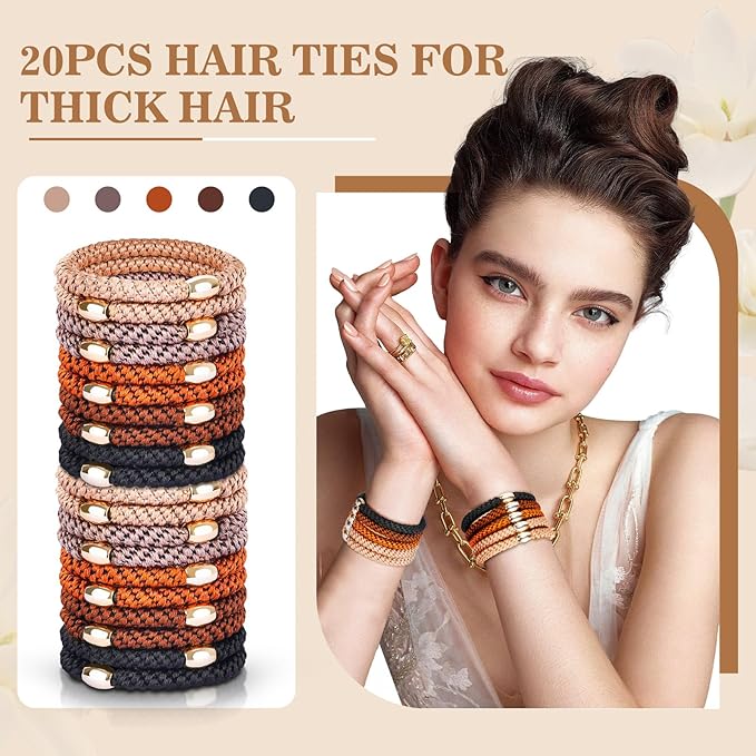 FORENEE Hair Ties No Damage - 20PCS Ponytail Holders - Elastic Hair Ties for Thick Hair - Braided Hair Bands for Women Girls's Hair - Neutral
