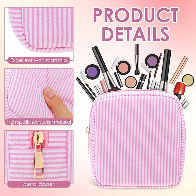 Sanwuta Seersucker Cosmetic Bag Bulk Striped Makeup Bag for Women Aesthetic Cute Travel Toiletry Organizer Preppy Storage Pouch for Wedding Bridesmaid Mother's Day Teacher Gift(Small,Macaron Color,6)