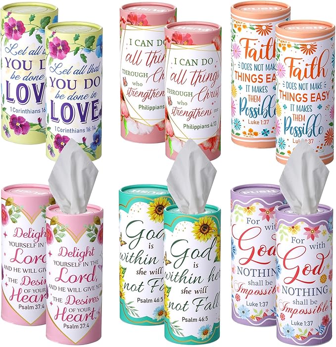 Outus 12 Pack Floral Christian Car Tissue Holder Cylinder with 3 Ply Facial Napkin Refillable Round Tube Tissue Boxes Container for Car Cup Holder SUV Home Office Travel Religious Bible Verse Gift