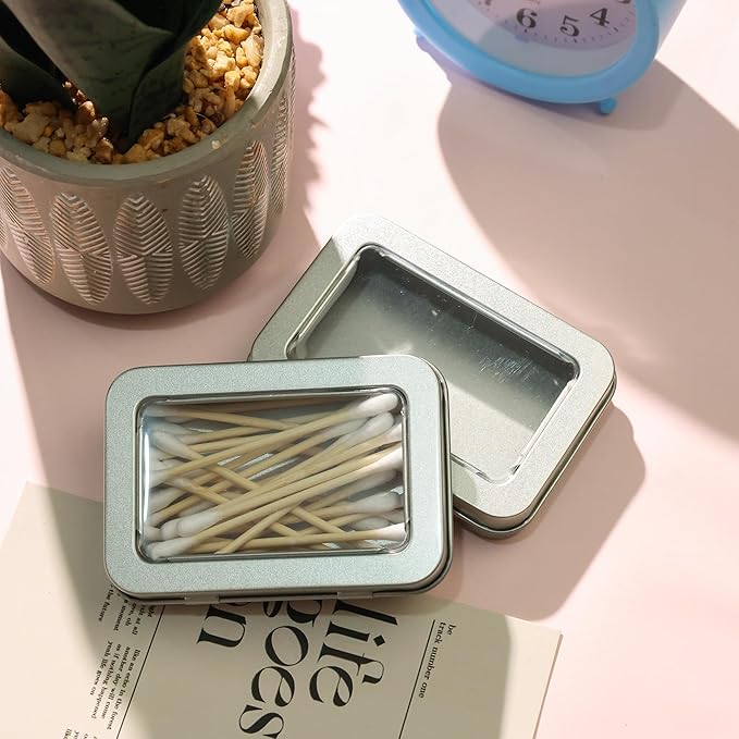 LIGHUFEIC 2 PCS Portable Cotton Swab & Floss Holder,Travel-Size Empty Metal Containers with Dustproof Lids for Cotton Swabs, Floss Picks, Hair Ties, and Small Items(Silver)