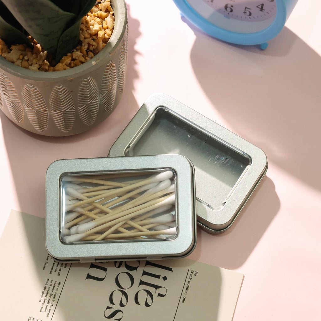 LIGHUFEIC 2 PCS Portable Cotton Swab & Floss Holder,Travel-Size Empty Metal Containers with Dustproof Lids for Cotton Swabs, Floss Picks, Hair Ties, and Small Items(Silver)