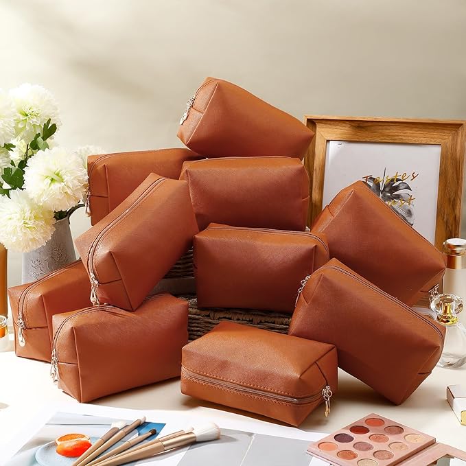 Kigeli Aesthetic Makeup Bags PU Leather Cosmetic Pouches Waterproof Plain Toiletry Bags Makeup Pouches Bulk for Women Party Gift Travel Storage Organizer(Orange Brown,7.1 x 2.8 x 4.3 in)